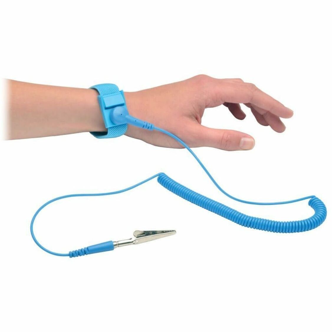 Anti-static wrist strap shown worn on person's wrist with coiled blue cable and grounding clip-alternate-image2