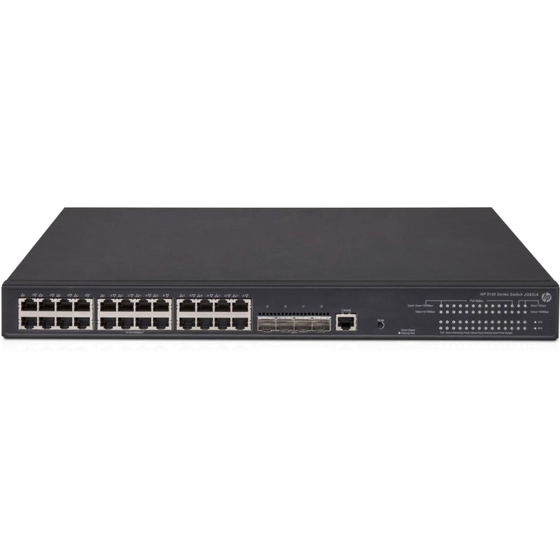 Front view of HPE 5130-24G-POE+-4SFP+ EI Switch showing 24 Gigabit Ethernet ports, 4 SFP+ ports, and LED status indicators in a 1U rack-mount form factor