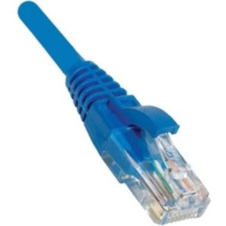 Close-up of blue Cat.6a network cable RJ-45 connector with strain relief boot and transparent connector head showing internal wiring