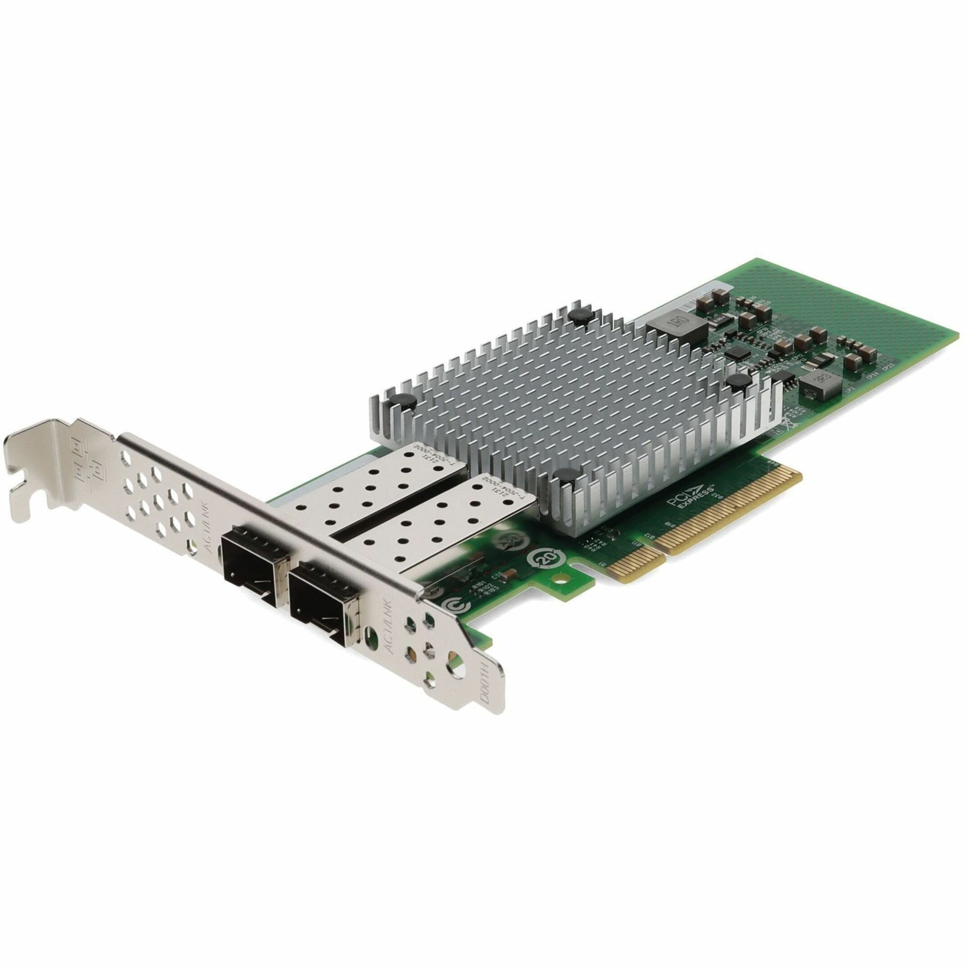 Angled view of AddOn MHQH29C-XTR-AO dual-port 10GbE network card showing SFP+ ports and heatsink-alternate-image1