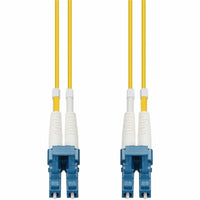 Front view of yellow duplex fiber patch cable with blue LC connectors and white strain relief boots-alternate-image1