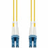 Front view of yellow duplex fiber patch cable with blue LC connectors and white strain relief boots-alternate-image1