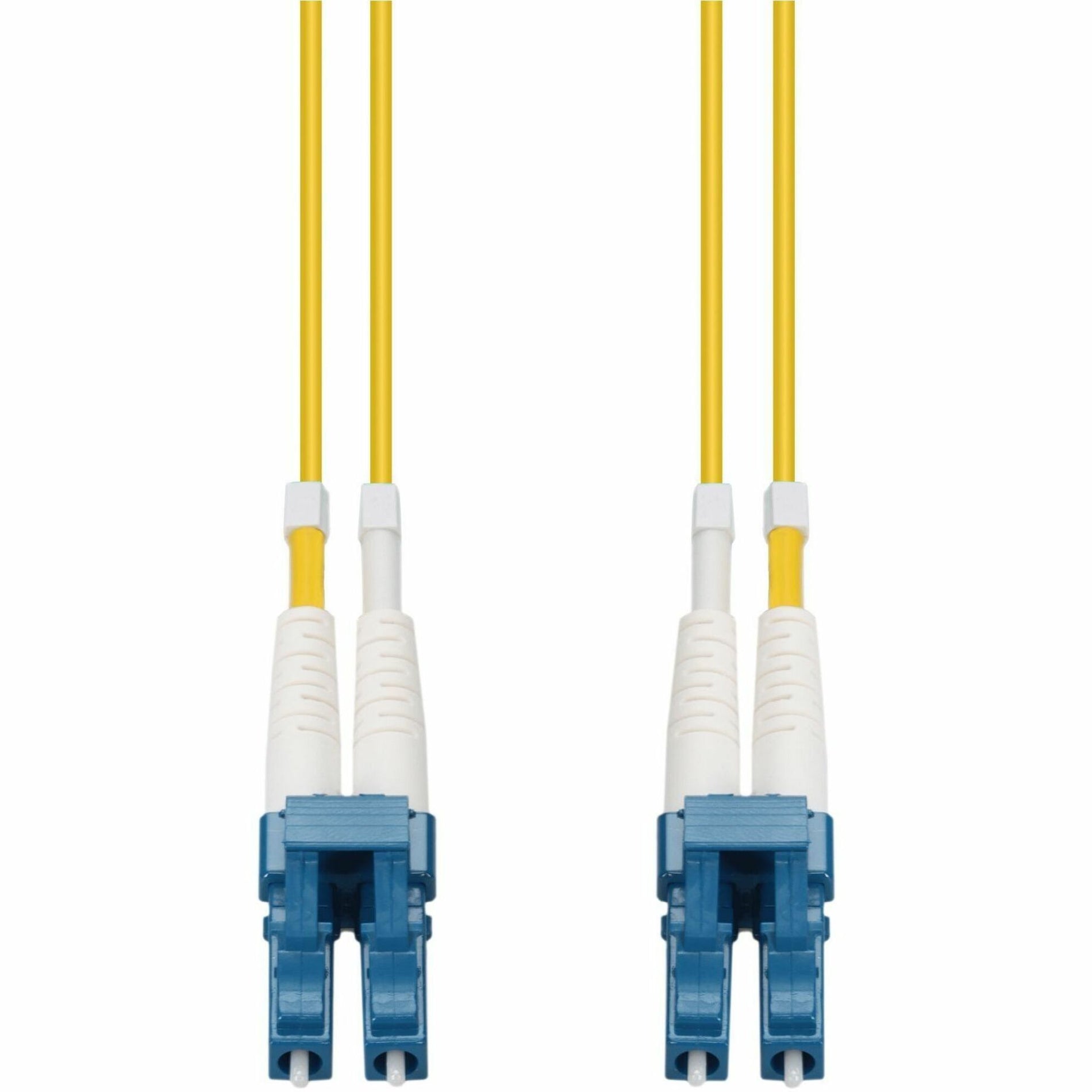 Front view of yellow duplex fiber patch cable with blue LC connectors and white strain relief boots-alternate-image1