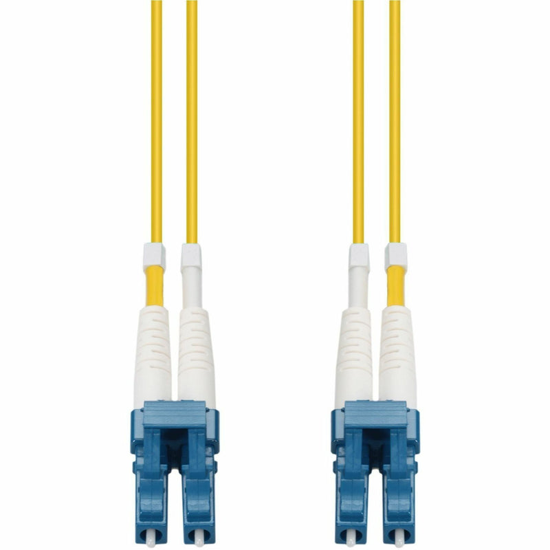 Front view of yellow duplex fiber patch cable with blue LC connectors and white strain relief boots