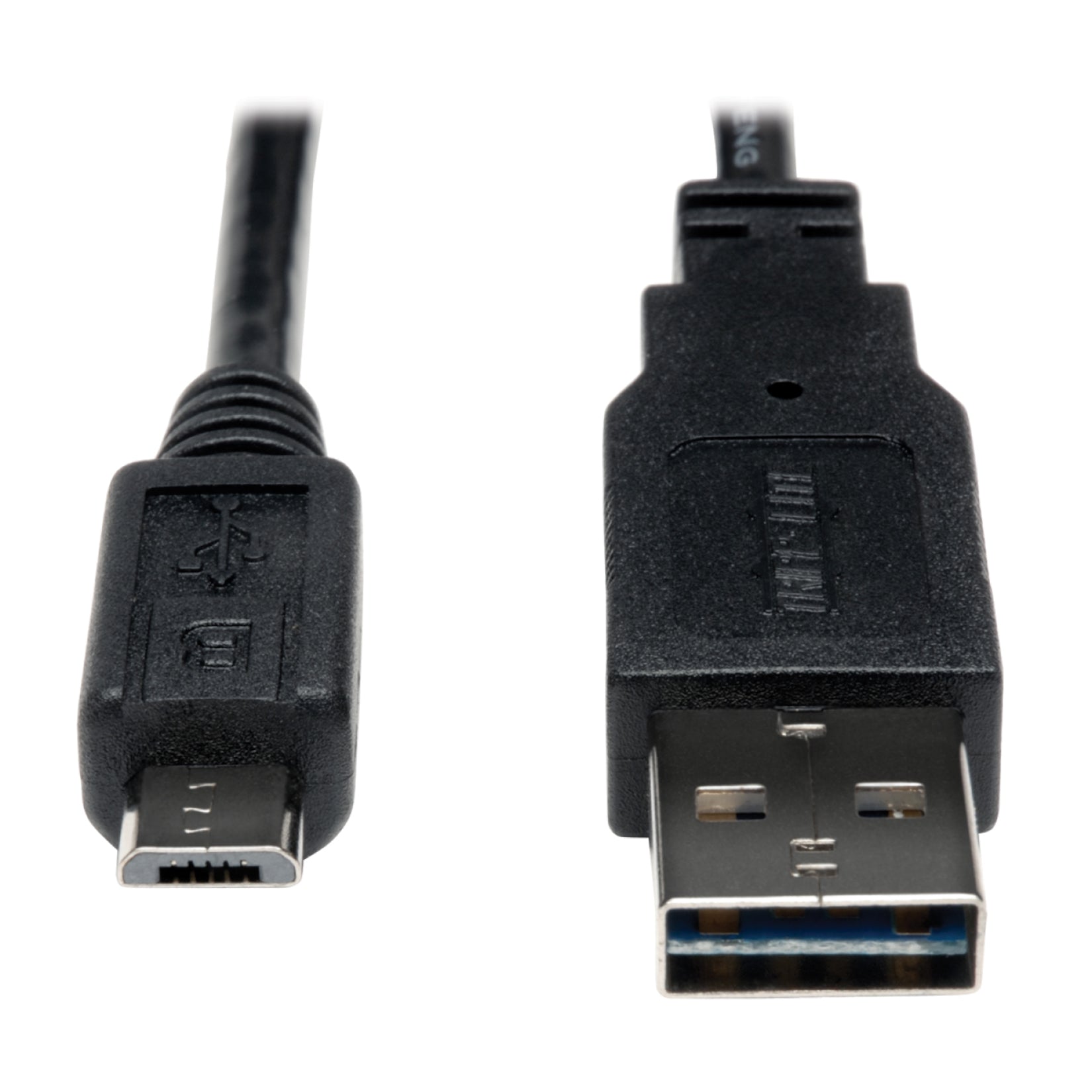 Close-up view of Tripp Lite USB cable showing reversible Type-A connector and Micro-B connector with premium shielding-alternate-image1