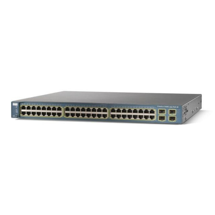 Angled view of Cisco Catalyst 3560G-48TS-E switch emphasizing its compact design and port arrangement-alternate-image2