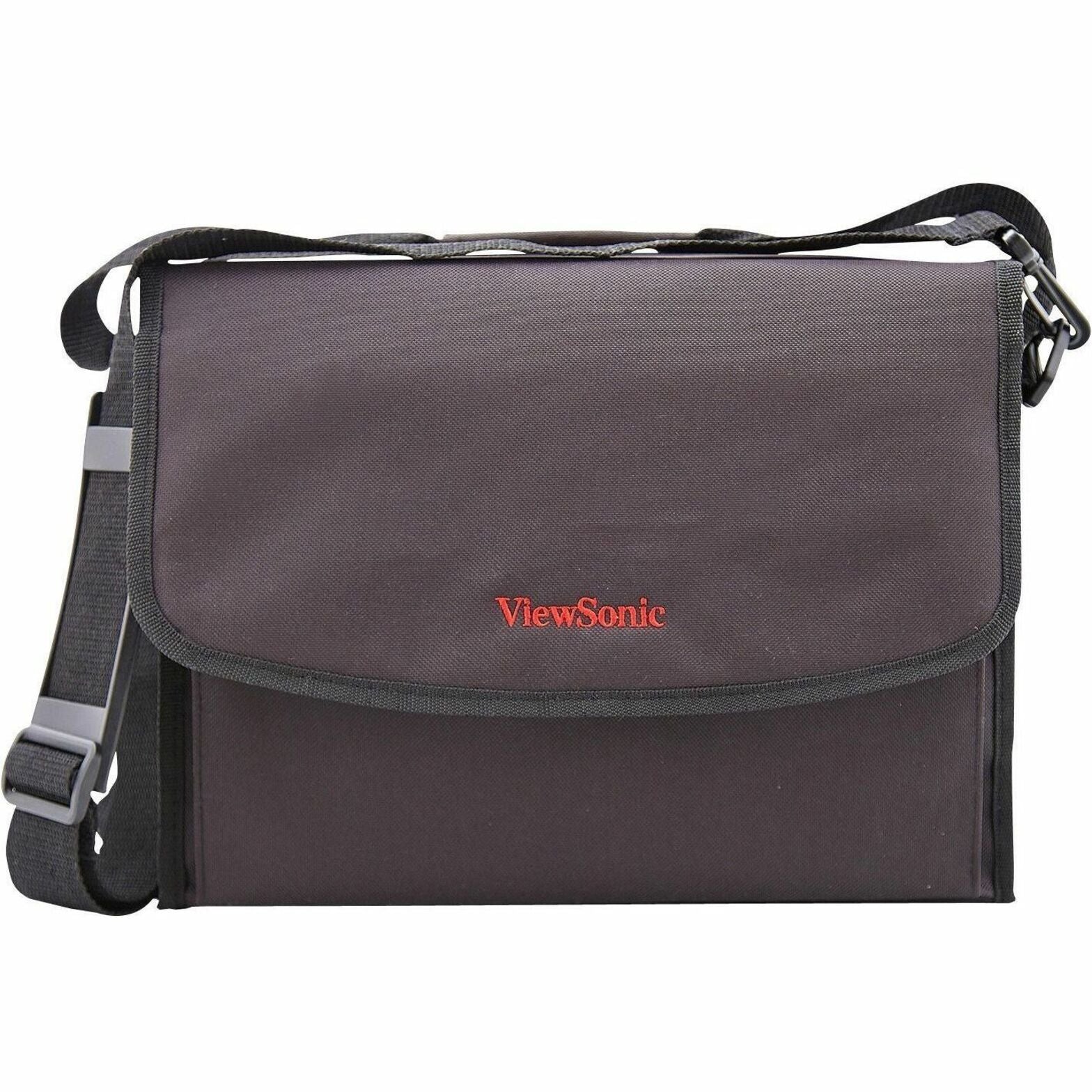 Front view of ViewSonic black projector carrying case with red logo and front flap design-alternate-image1