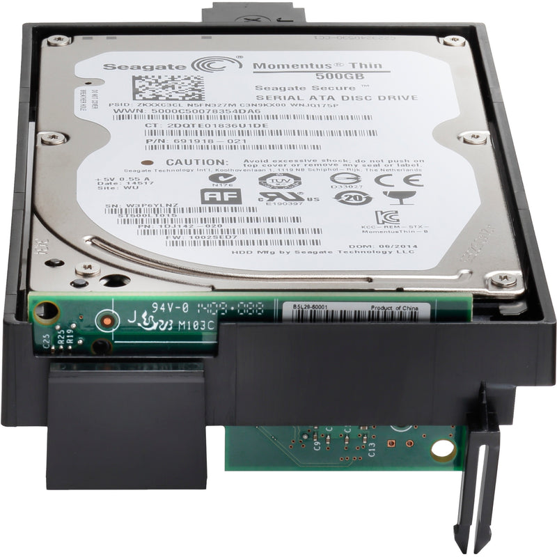 HP 500GB internal hard drive with FIPS 140 certification showing Seagate Momentus Thin branding and integrated controller board