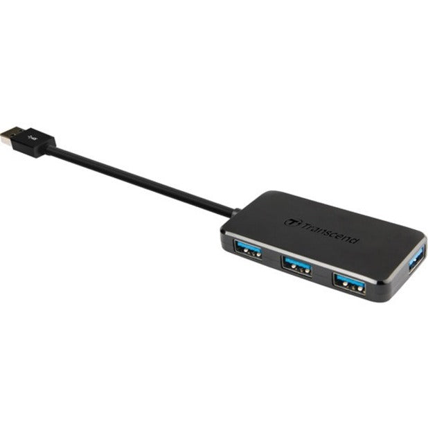 Transcend HUB2 4-port USB 3.0 hub in black with attached cable and three visible USB ports-alternate-image1