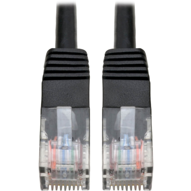 Close-up view of two RJ45 connectors showing gold-plated contacts and transparent housing with internal wire configuration