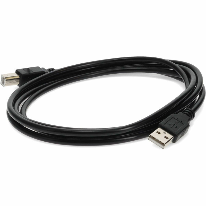 Black USB 2.0 cable with Type-A and Type-B male connectors showing front angle view