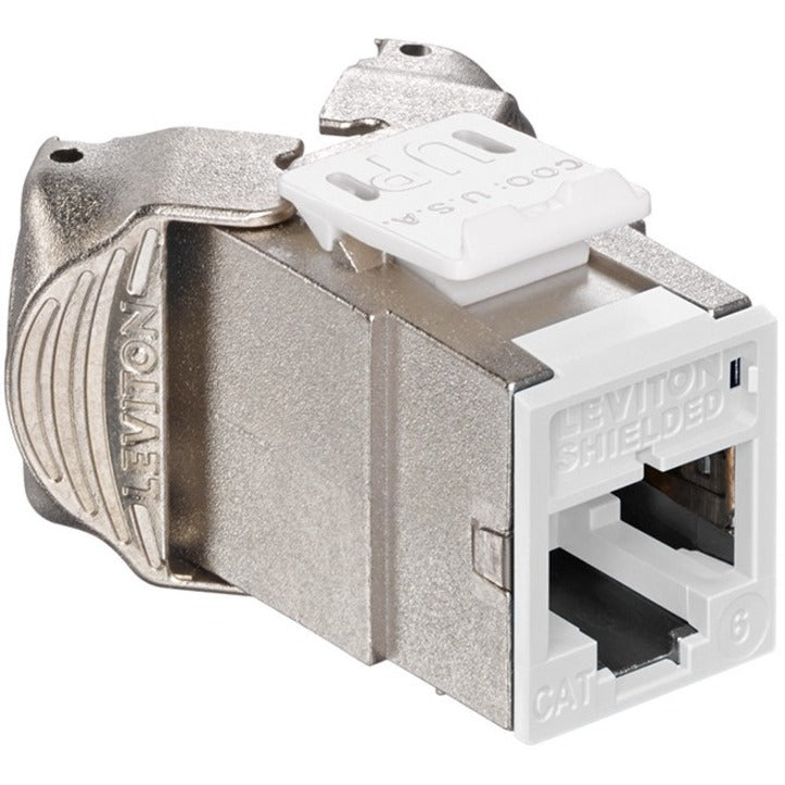 Leviton Atlas-X1 Cat 6 shielded QuickPort jack featuring metallic housing and white modular interface-alternate-image1