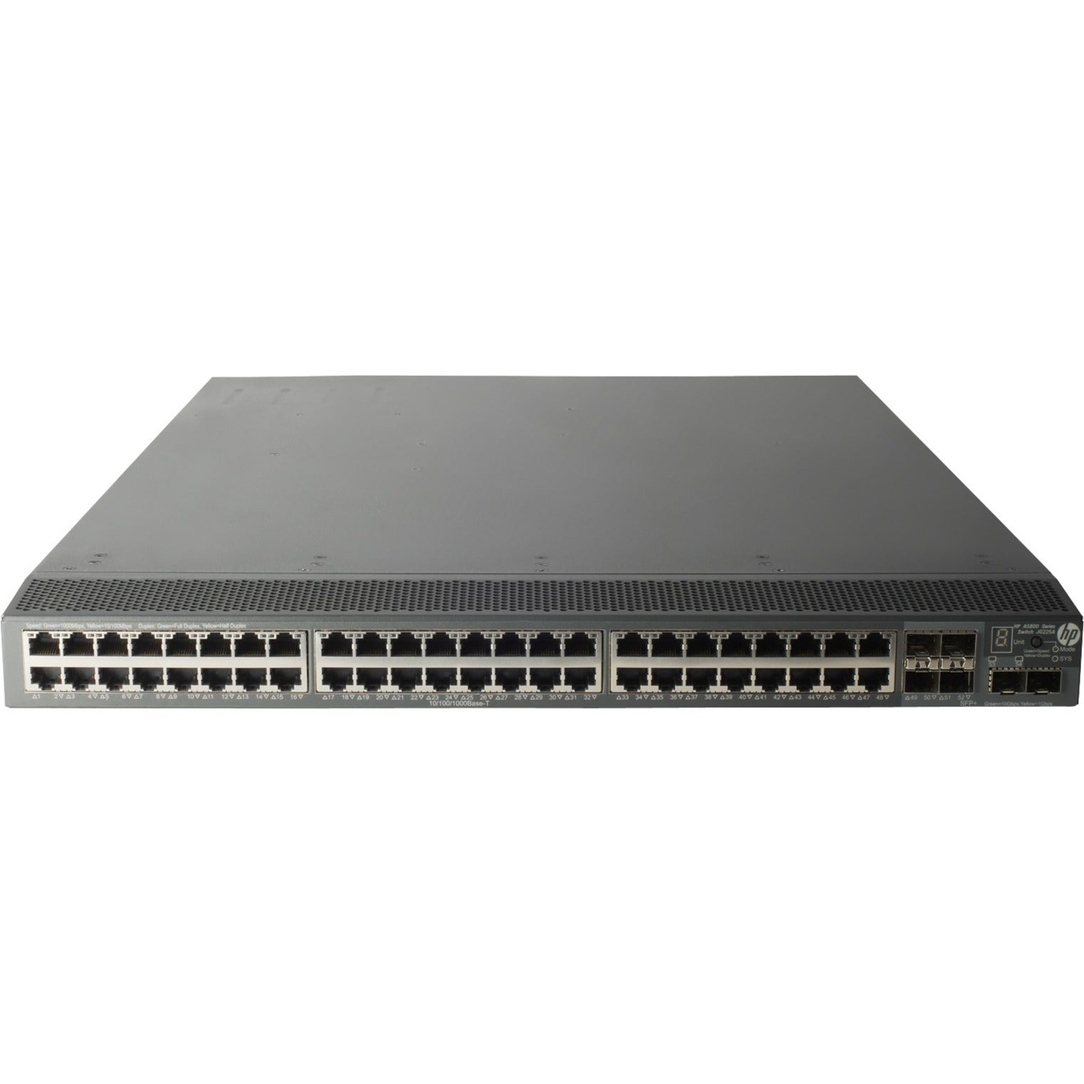 Front view of HPE E 5800AF-48G network switch showing 48 Gigabit Ethernet ports and 6 SFP+ uplink ports in a 1U rack-mountable chassis-alternate-image1