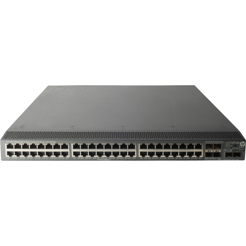 Front view of HPE E 5800AF-48G network switch showing 48 Gigabit Ethernet ports and 6 SFP+ uplink ports in a 1U rack-mountable chassis