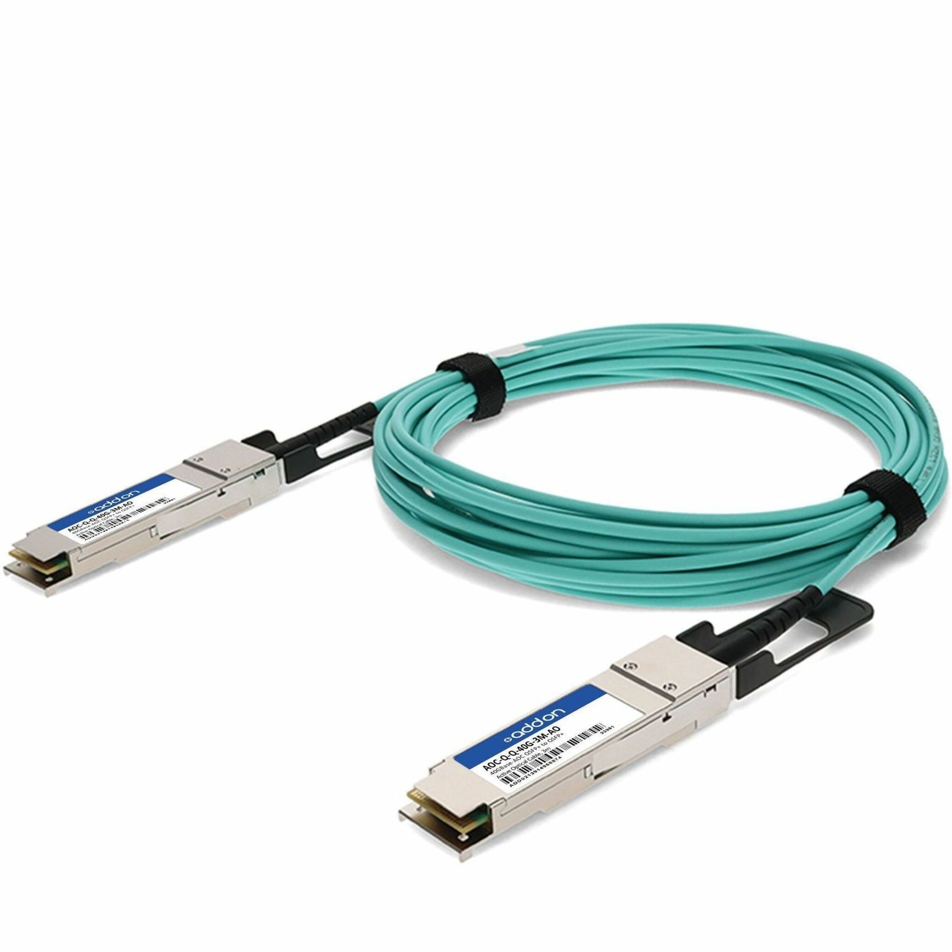 40G QSFP+ to QSFP+ aqua active optical cable front view with black connectors-alternate-image1