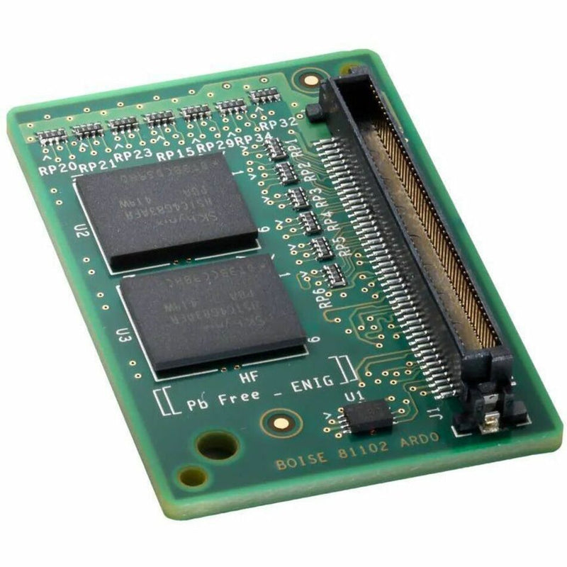 Angled view of HP printer memory module showing DDR3 chips and circuit board layout