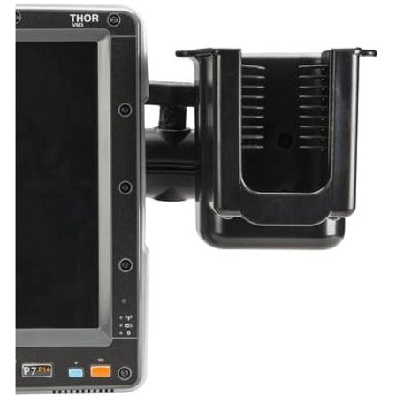 Side view of Honeywell VM3012BRKTKIT scanner holder mounted to Thor device, showing black industrial-grade construction and secure cradle design-alternate-image1