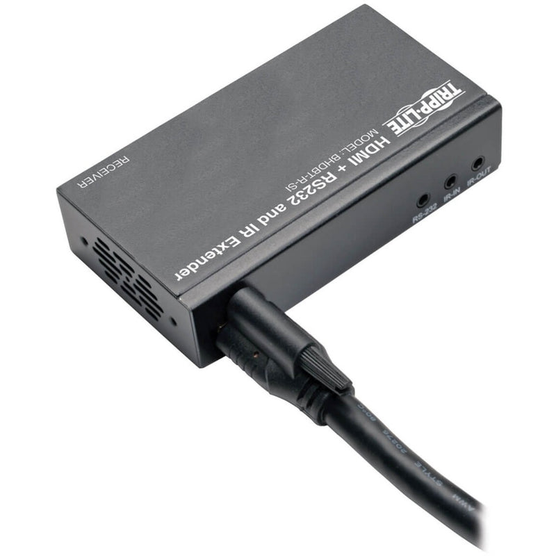 Tripp Lite P569-006-LOCK HDMI cable connected to HDBaseT extender showing secure installation