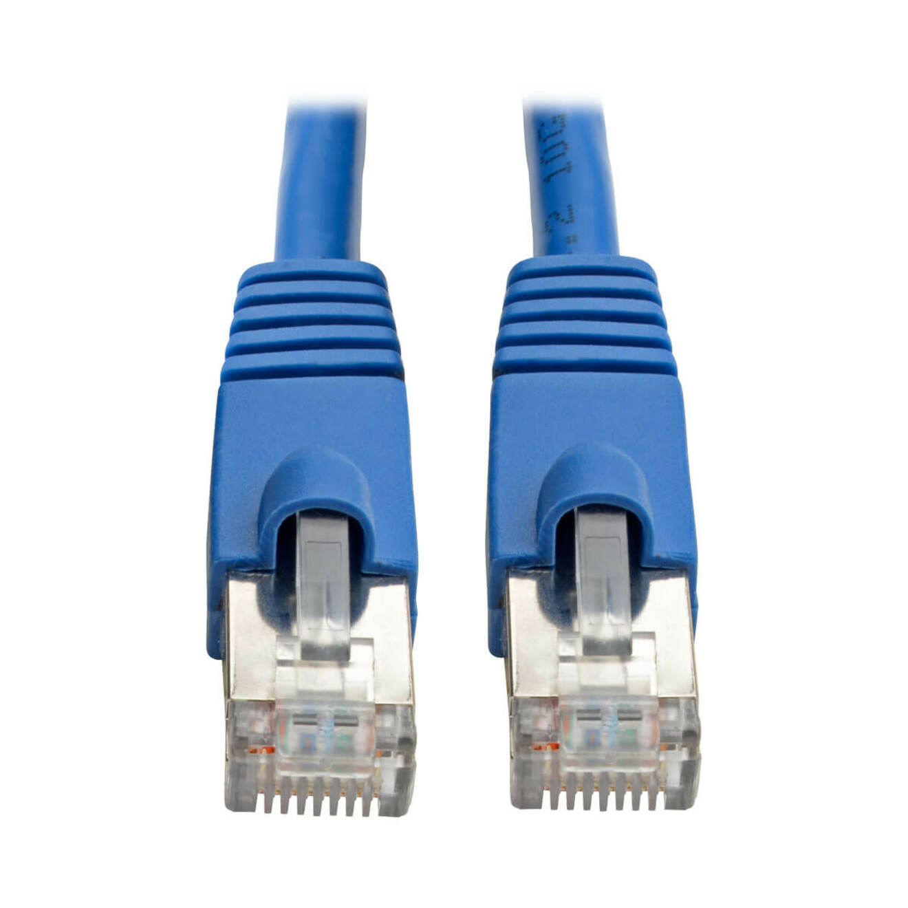 Close-up view of blue Cat6a shielded cable ends showing RJ-45 connectors with snagless boots and transparent housings-alternate-image1