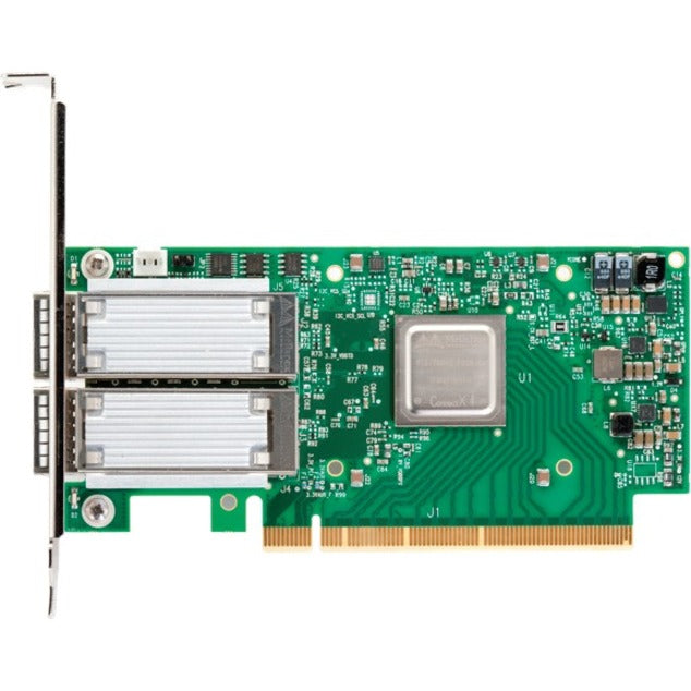 Mellanox ConnectX-4 EN 100Gb/s network card showing dual QSFP28 ports, green PCB, and PCIe x16 interface-alternate-image1