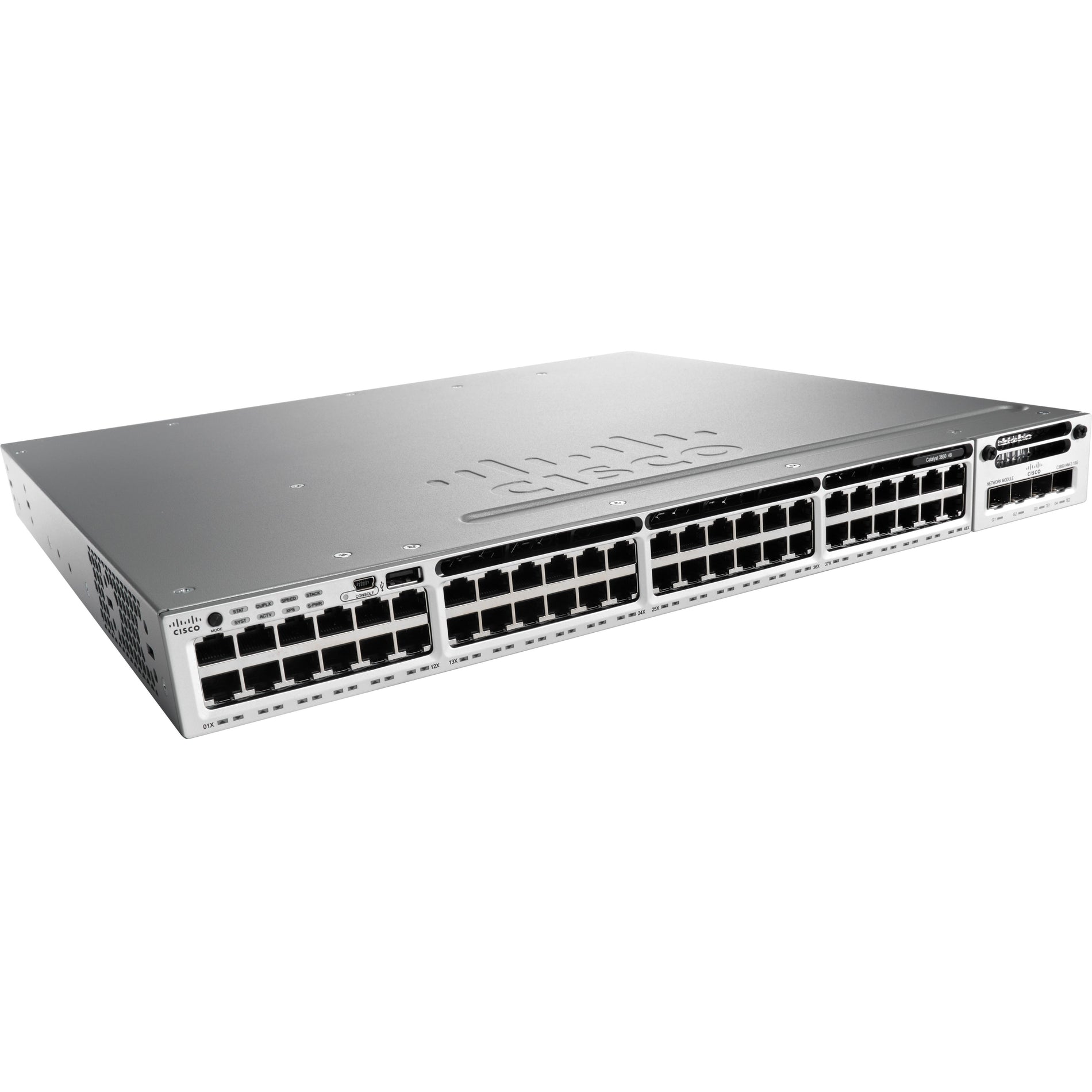 Cisco Catalyst 3850-48U enterprise switch featuring 48 Gigabit Ethernet ports in sleek silver chassis with front-facing port configuration-alternate-image1