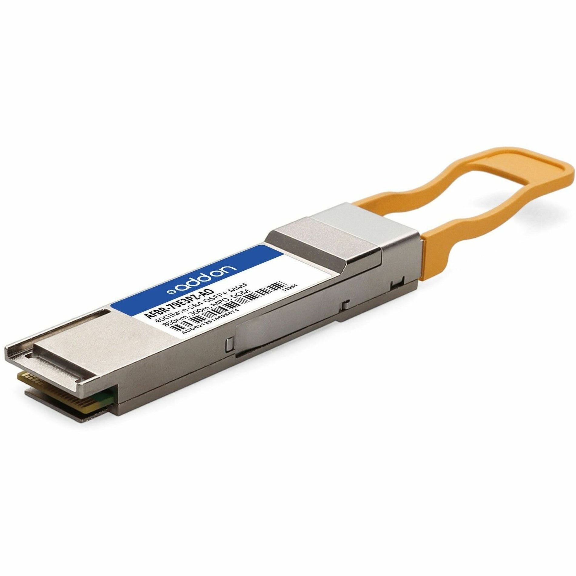 Side view of AddOn QSFP+ transceiver module with yellow pull tab and blue label showing model information-alternate-image1