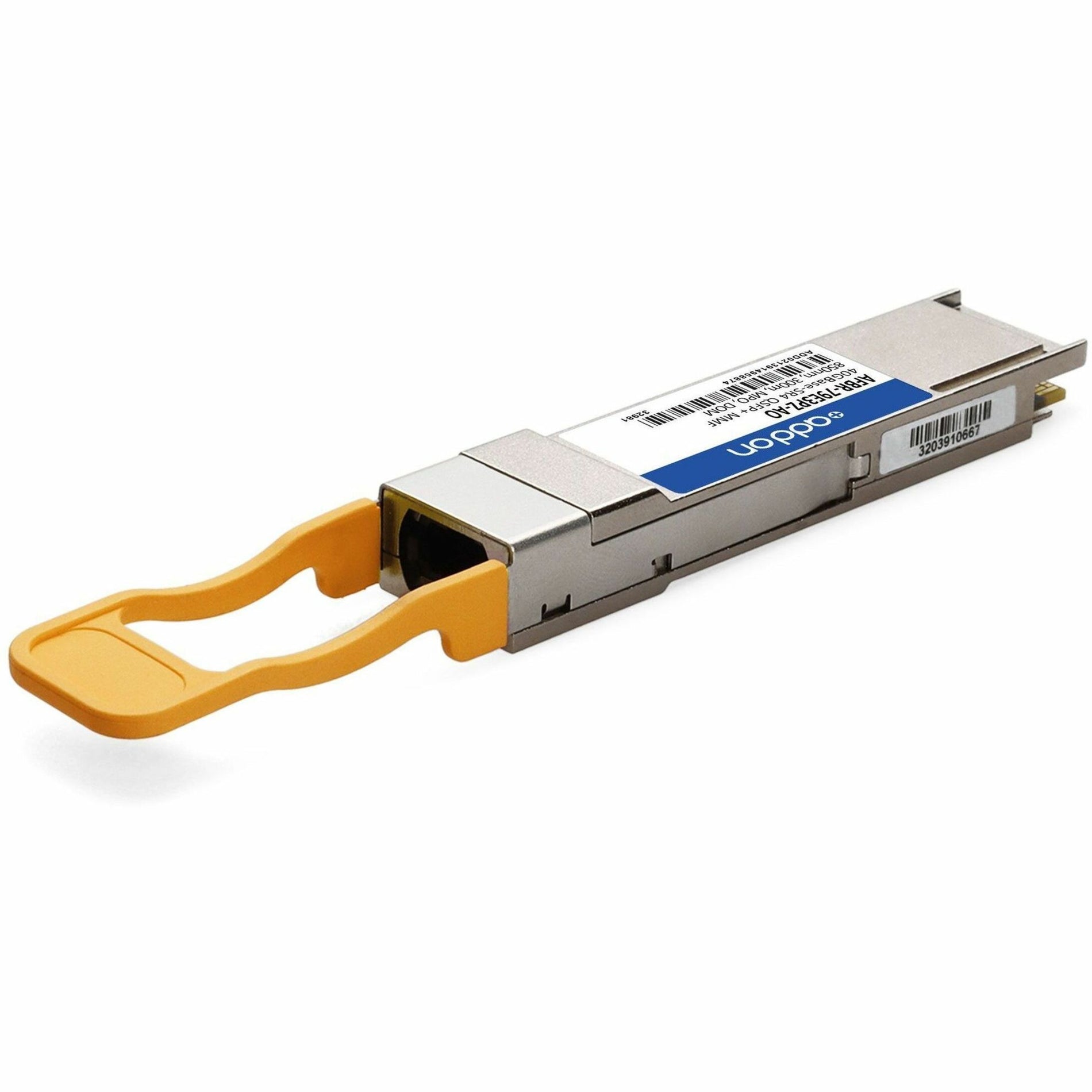 Side profile of QSFP+ module emphasizing the pull tab mechanism-alternate-image5