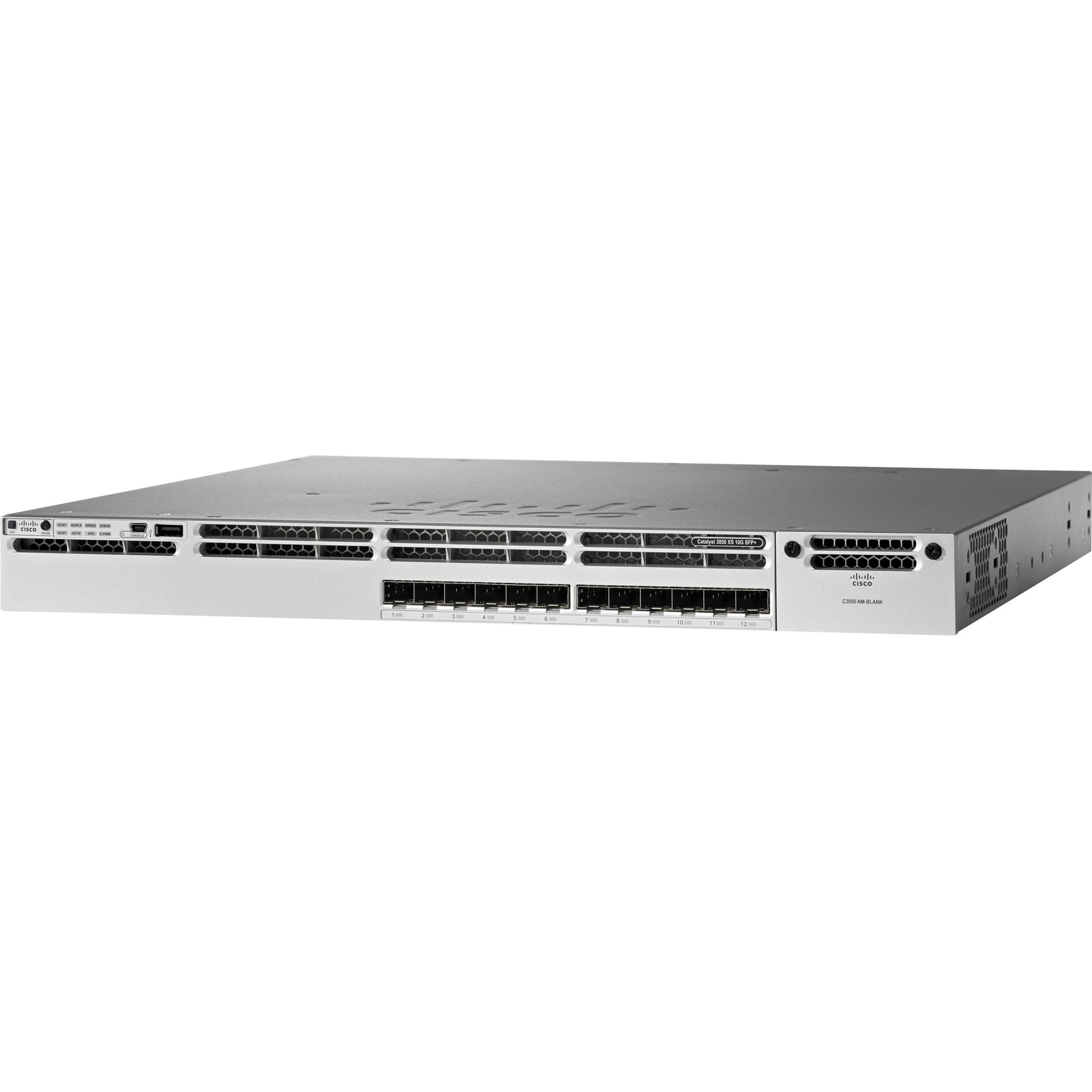 Front view of Cisco Catalyst C3850-12X48U switch showing 48 Gigabit Ethernet ports and management interfaces-alternate-image1