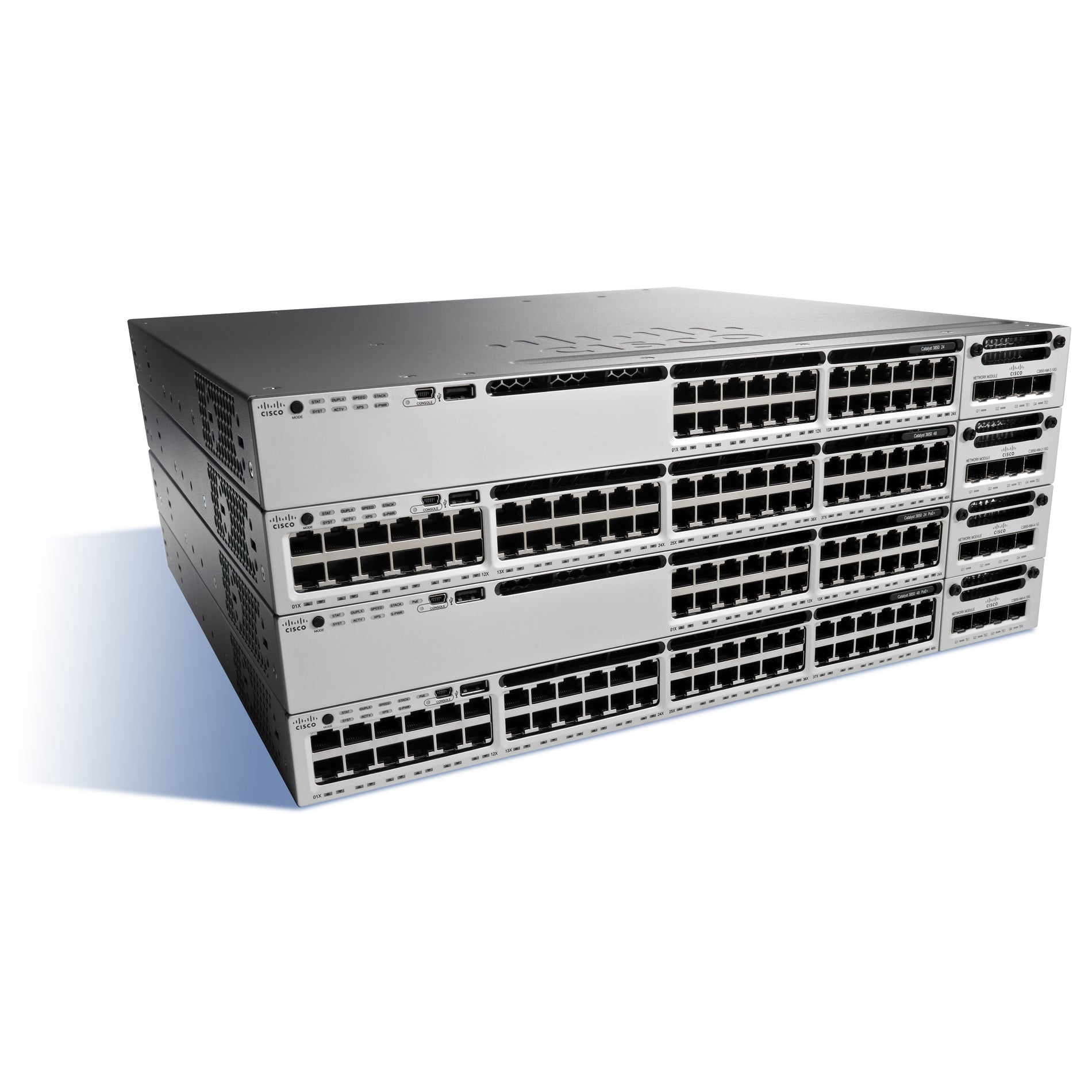 Angled perspective of stacked Cisco Catalyst C3850-12X48U switches showing enterprise-grade build quality and stacking capability-alternate-image2