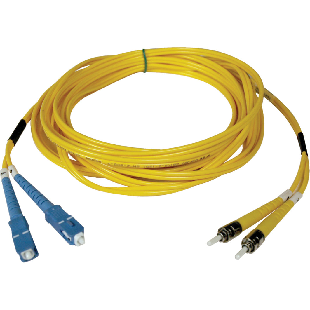 5-meter yellow single mode duplex fiber optic cable with blue SC connectors on one end and ST connectors on other end-alternate-image1