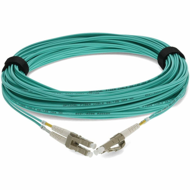 15-meter aqua OM3 fiber optic patch cable with LC connectors - full length view with detail