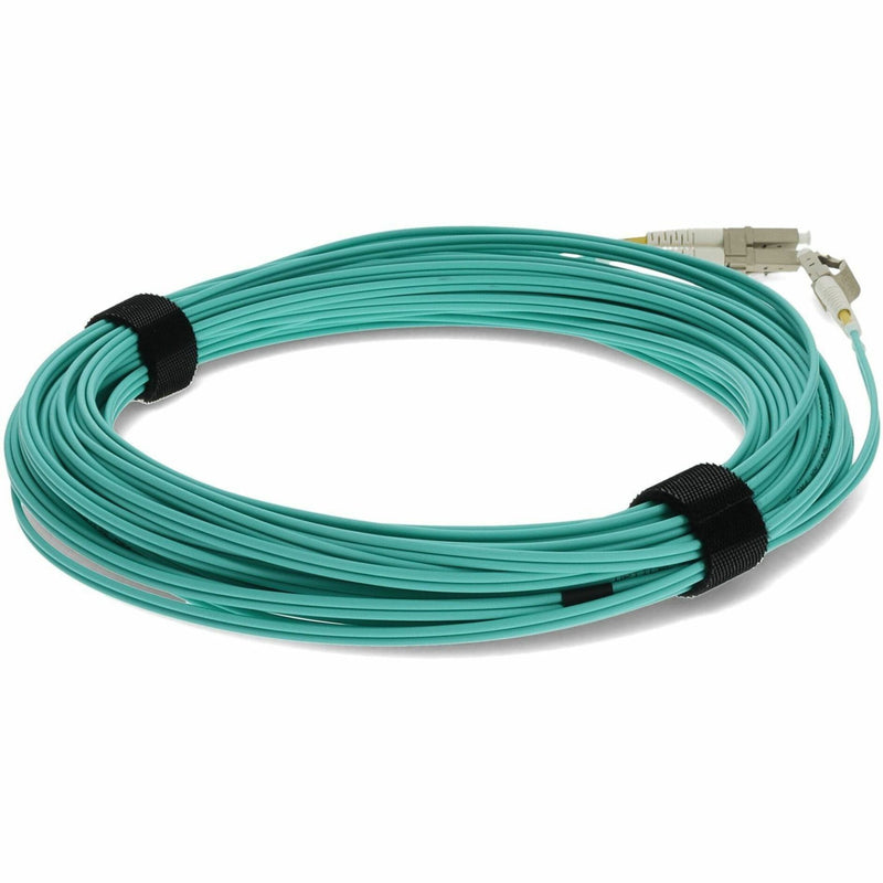 15-meter aqua OM3 fiber optic patch cable with LC connectors - angled view showing bend radius