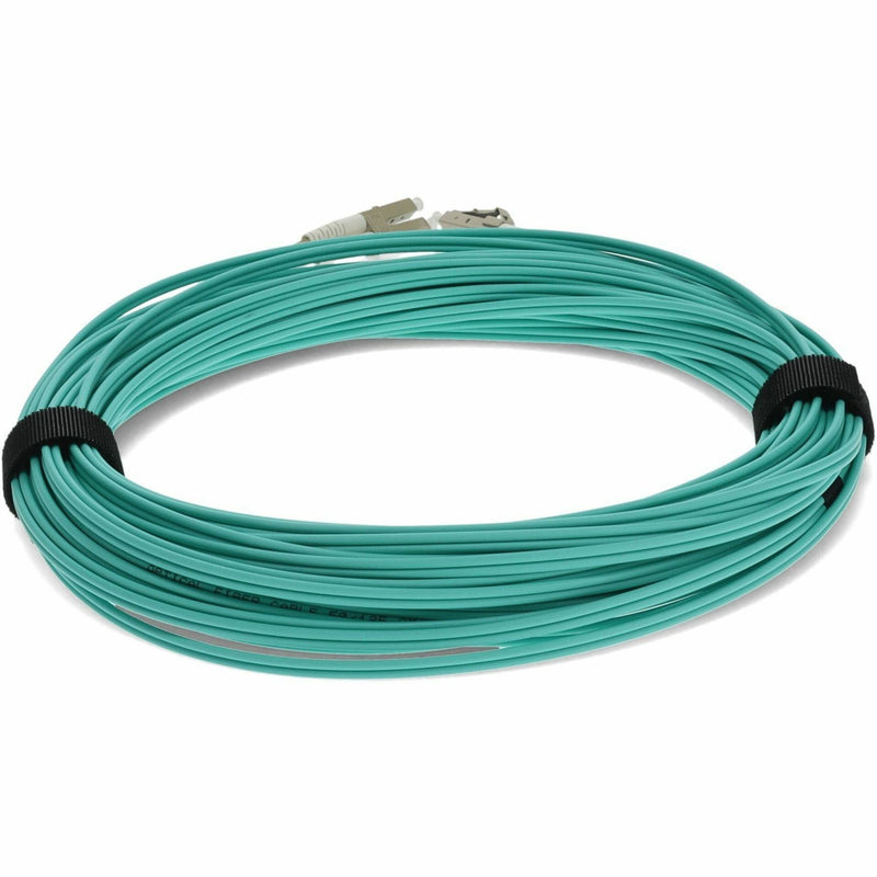 15-meter aqua OM3 fiber optic patch cable with LC connectors - close-up curved view