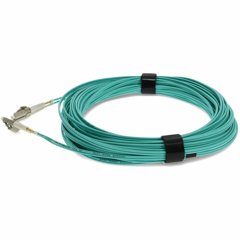 15-meter aqua OM3 fiber optic patch cable with LC connectors - side perspective view