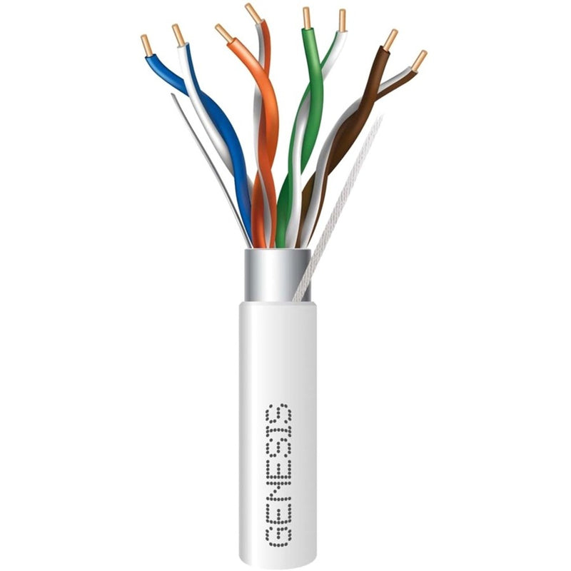 Cross-section view of Genesis Cat.5e FTP network cable showing four color-coded twisted pairs with foil shielding and white PVC jacket