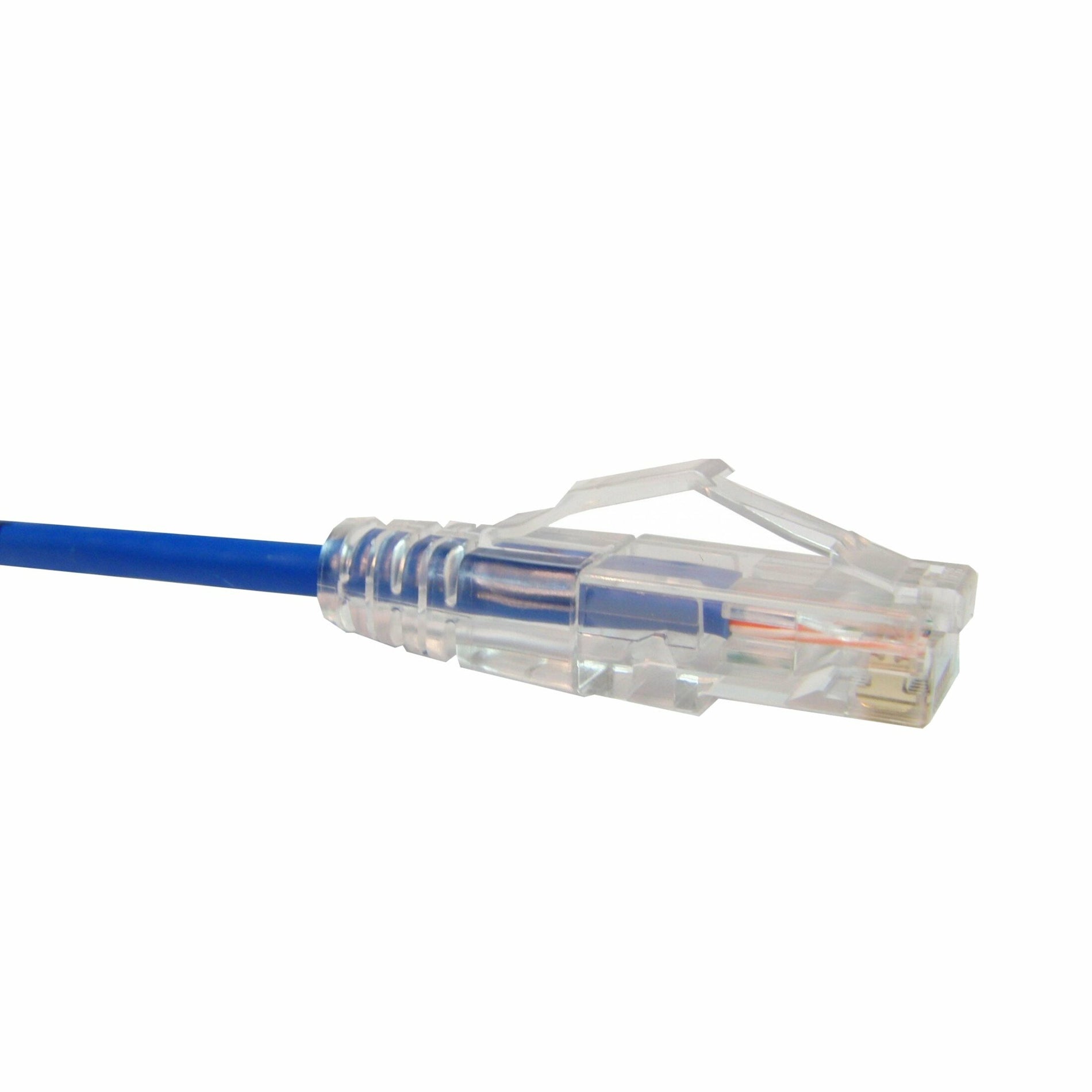 Close-up view of ClearFit Slim Cat6 cable's transparent snagless connector with blue cable jacket and gold-plated contacts-alternate-image1