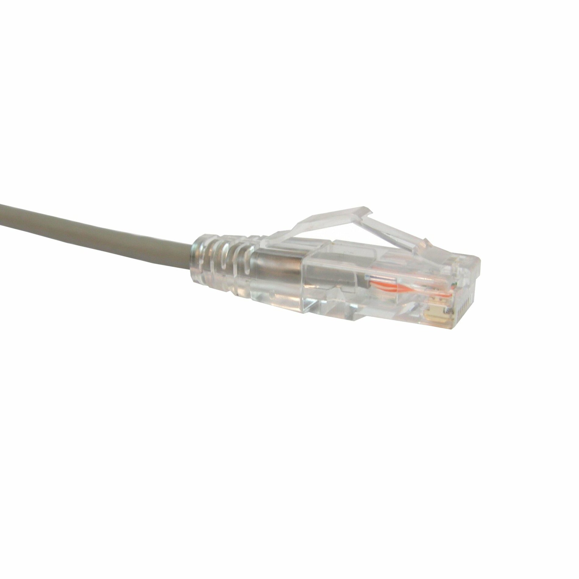 Close-up view of ClearFit Slim CAT6 patch cable's transparent RJ-45 connector with gold-plated pins and gray cable jacket-alternate-image1