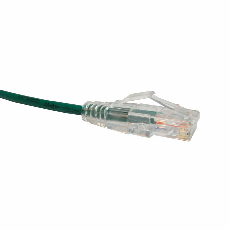 Close-up view of ClearFit Slim Cat6 patch cable's transparent RJ-45 connector with green cable and snagless boot design