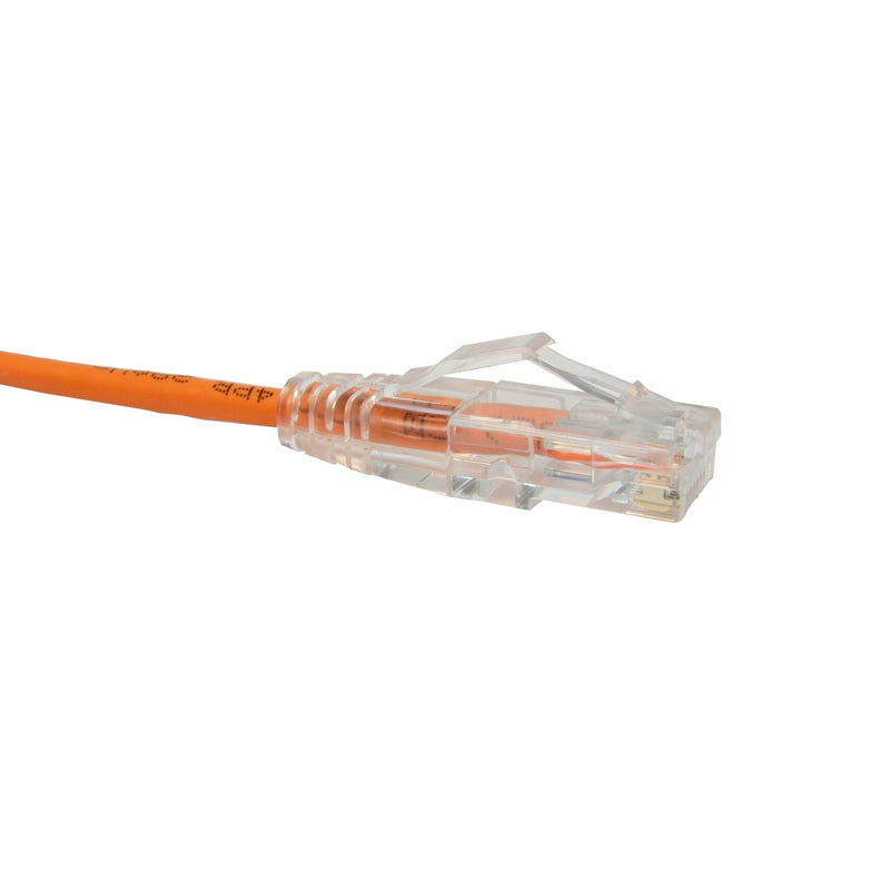 Close-up view of transparent RJ-45 connector on orange Cat6 ethernet cable showing snagless boot design