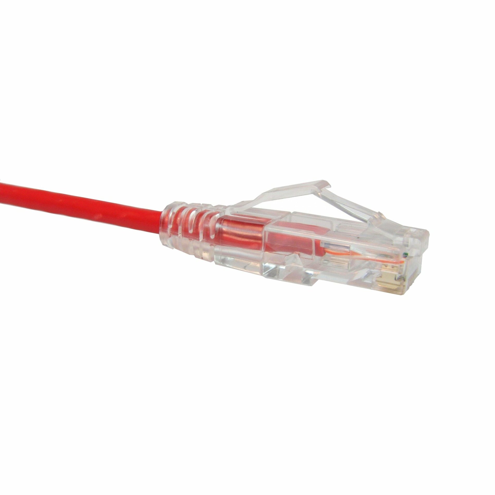 Close-up view of ClearFit Slim Cat6 patch cable's transparent snagless RJ-45 connector with red cable-alternate-image1