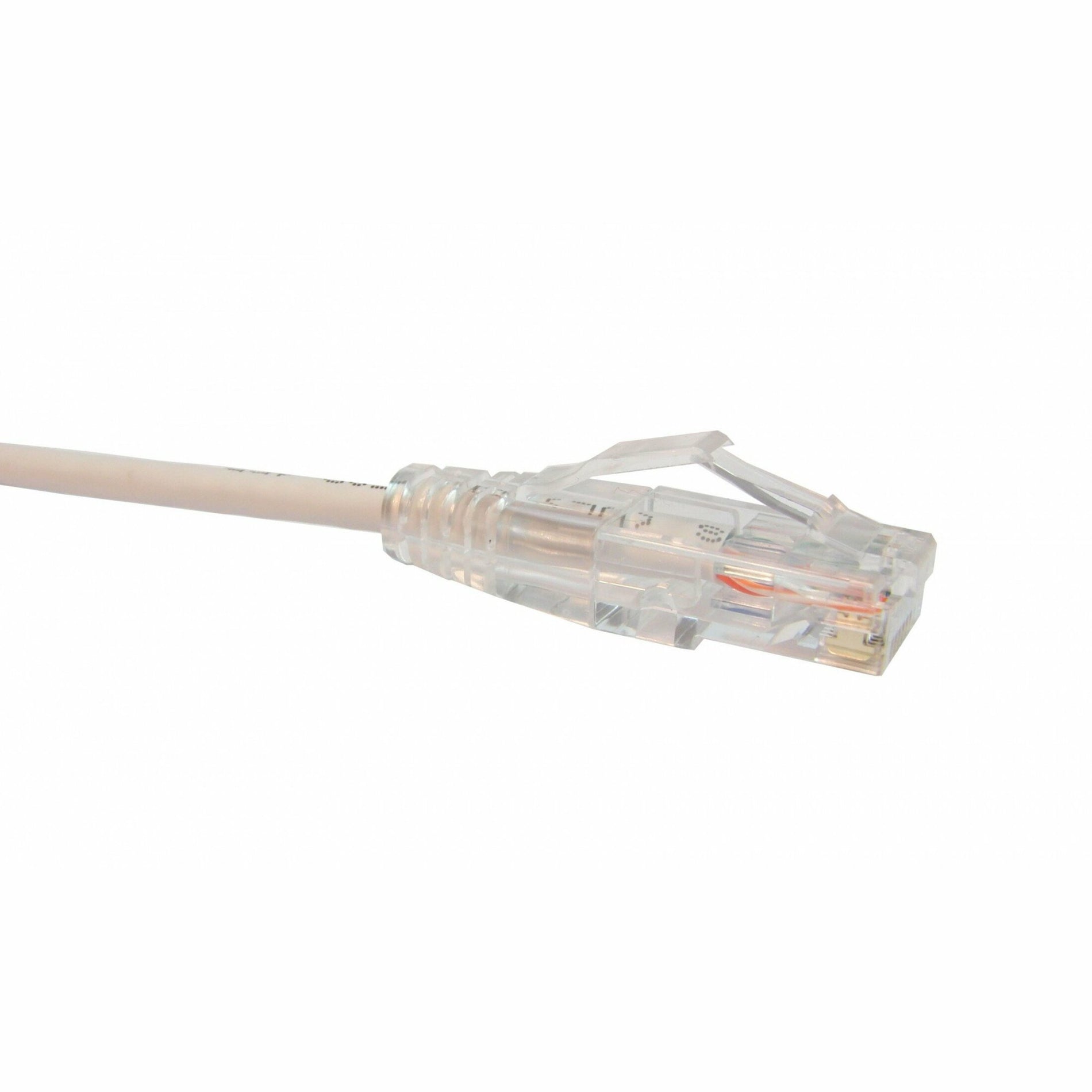 Close-up view of transparent RJ-45 connector on white ClearFit Slim CAT6 patch cable showing gold-plated contacts-alternate-image1