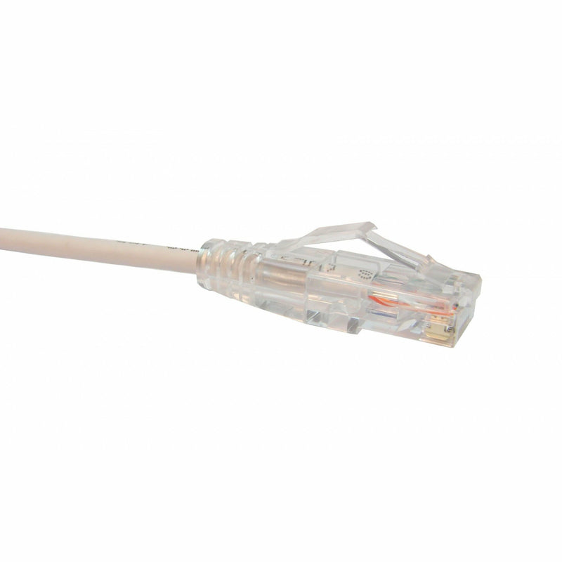 Close-up view of transparent RJ-45 connector on white ClearFit Slim CAT6 patch cable showing gold-plated contacts