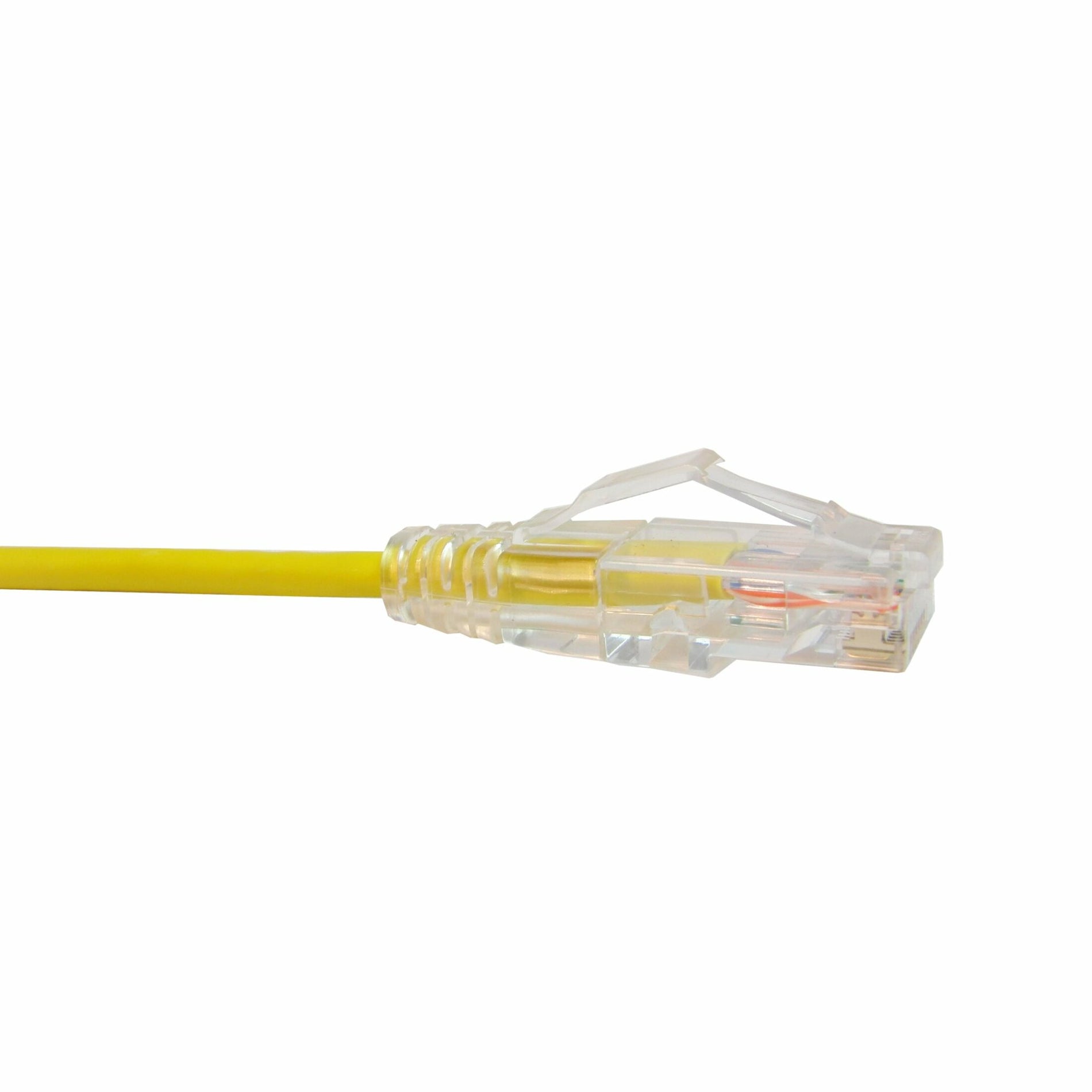 Close-up view of ClearFit Slim Cat6 cable's transparent RJ-45 connector with gold-plated pins and yellow cable jacket-alternate-image1