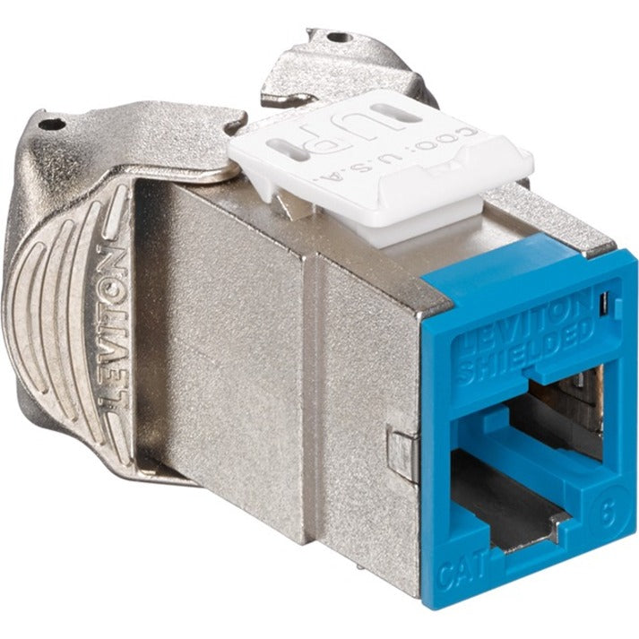 Close-up view of Leviton Atlas-X1 Cat 6 shielded QuickPort jack showing metal housing and blue port-alternate-image1