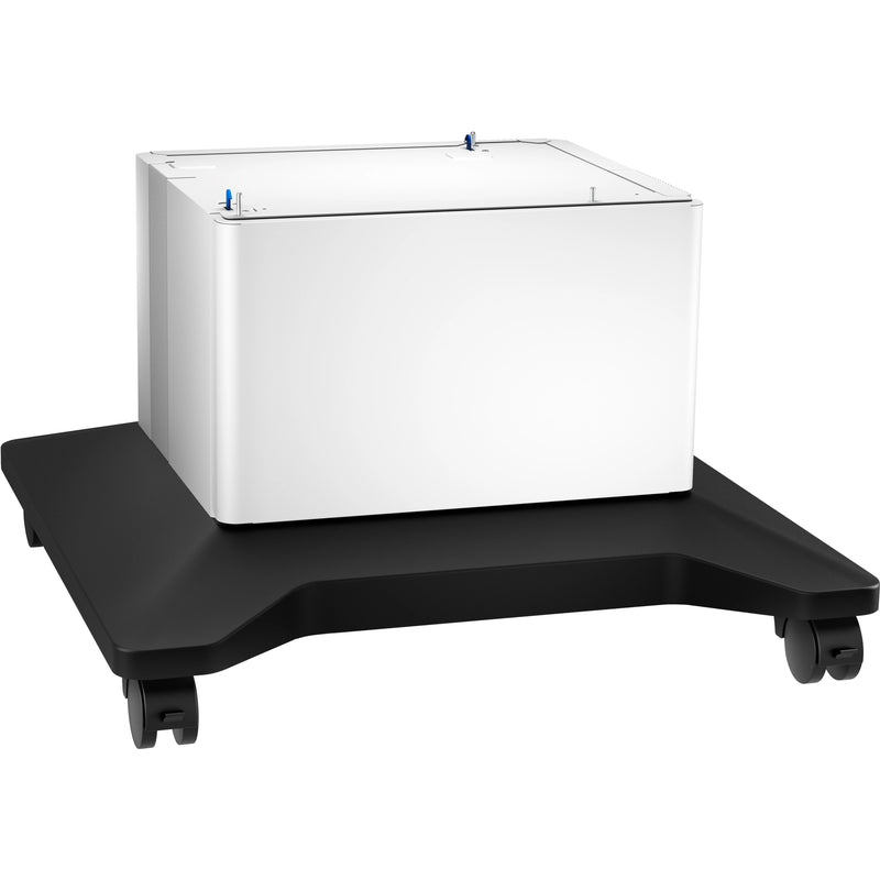 HP LaserJet Printer Cabinet side angle view displaying white storage unit on black wheeled base