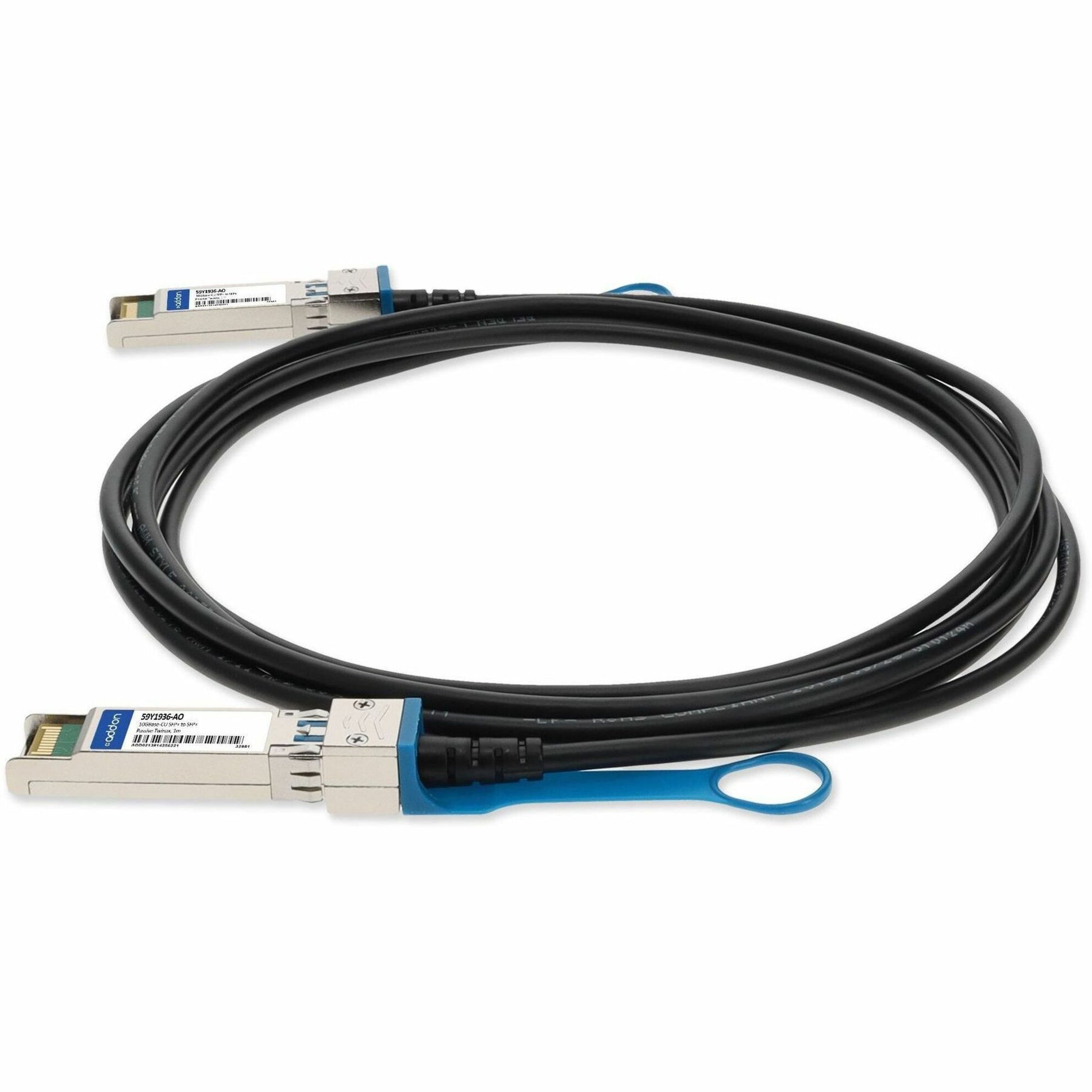 Angled view of SFP+ connector with blue pull tab on IBM compatible direct attach cable-alternate-image2