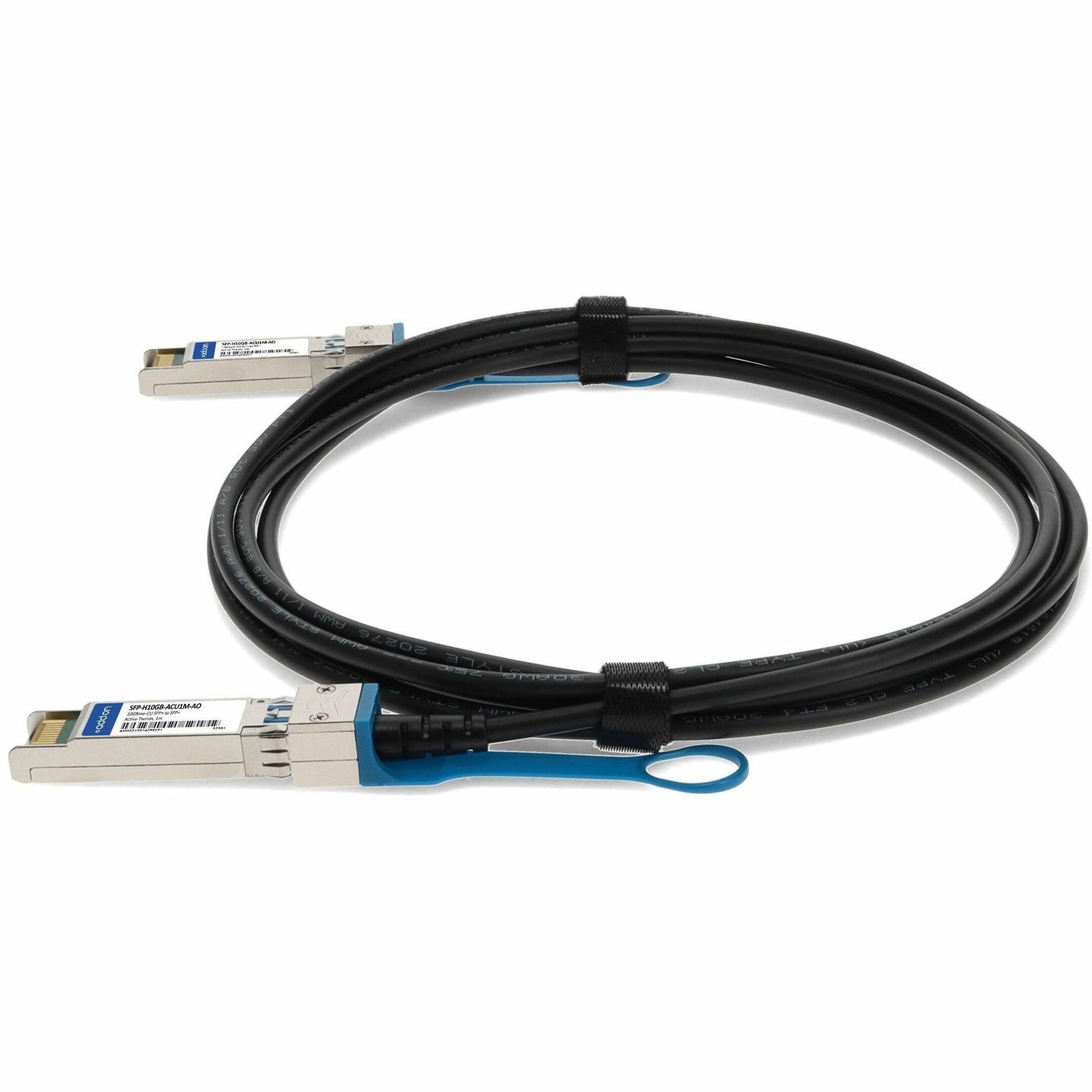 Side view of SFP+ connectors with blue pull tabs on direct attach cable-alternate-image2