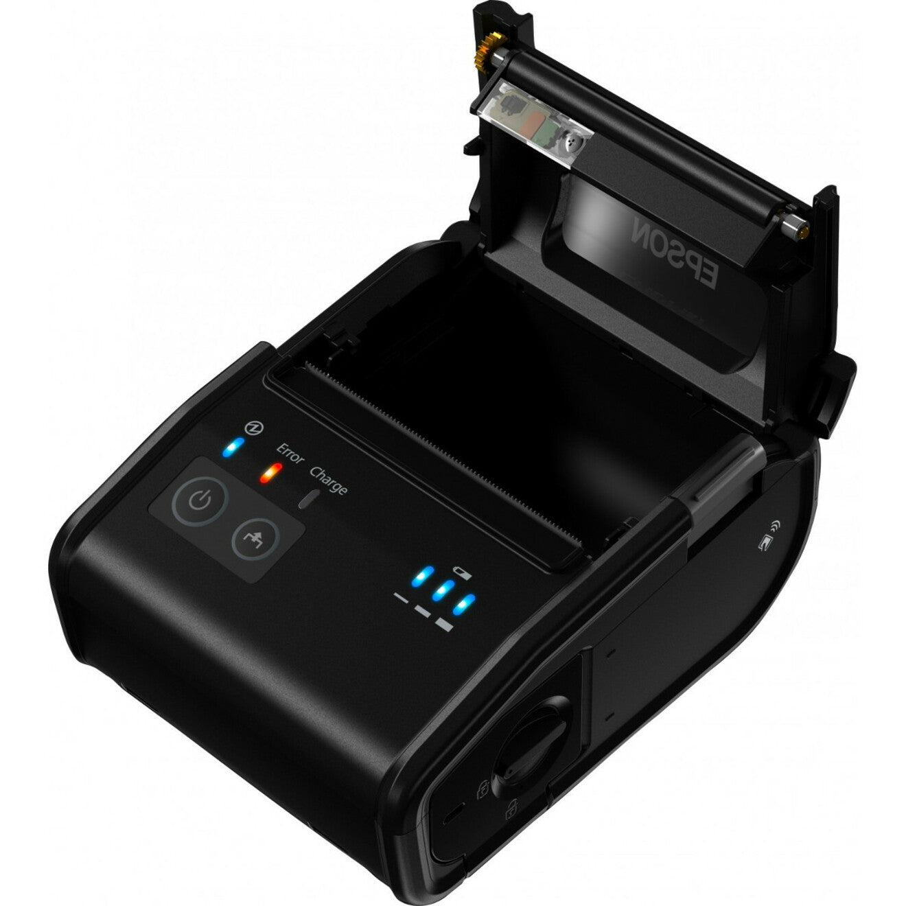 Top view of Epson TM-P80 printer with open paper compartment showing drop-in loading mechanism-alternate-image2