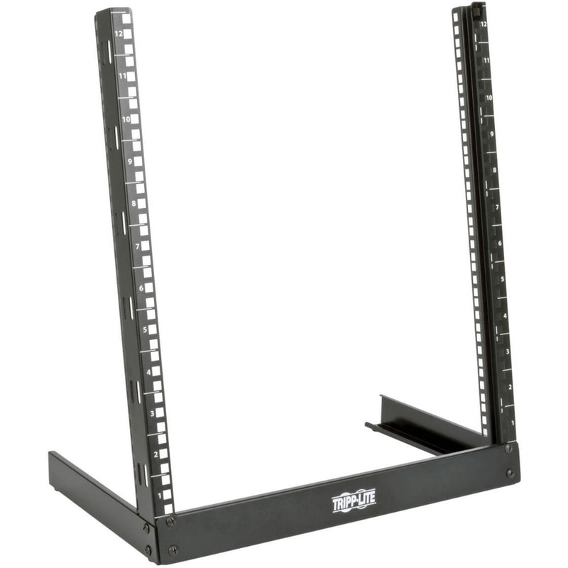 Front view of Tripp Lite SR2POST12 12U desktop 2-post open frame rack showing numbered mounting rails and steel construction