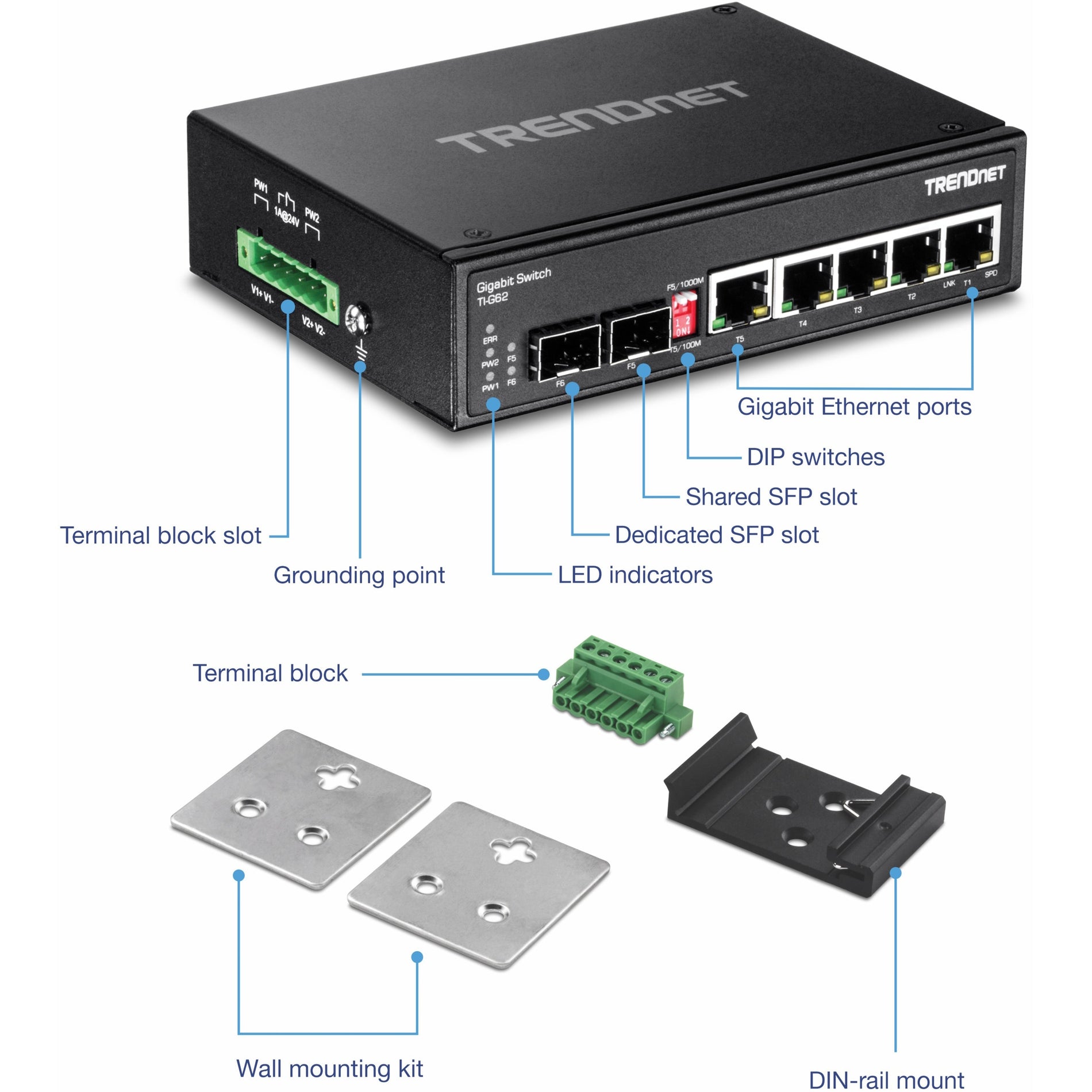 Interruptor industrial Gigabit DIN-Rail de 6 puertos TRENDnet capacidad de conmutación de 12 Gbps carcasa metálica con clasificación IP30 -40 a 75 ºC (-40 a 167 ºF) incluye montajes para DIN-Rail y pared protección de por vida negro TI-G62